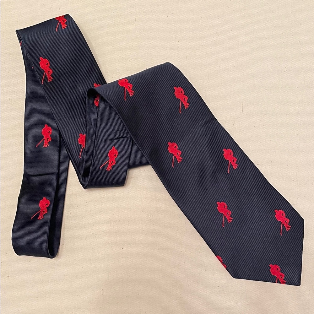 GONGSHOW HOCKEY Navy Blue Silk Tie w Red Player Accents Sports Casual Game Day